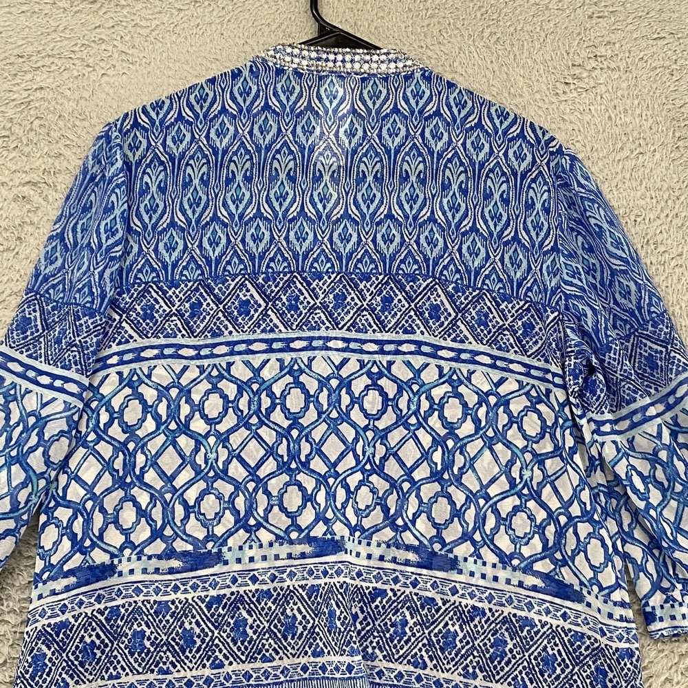 Chicos Beaded Tunic Top Womens 1/M Blue Geometric Sheer Embellished 3/4 Sleeve - Picture 11 of 16